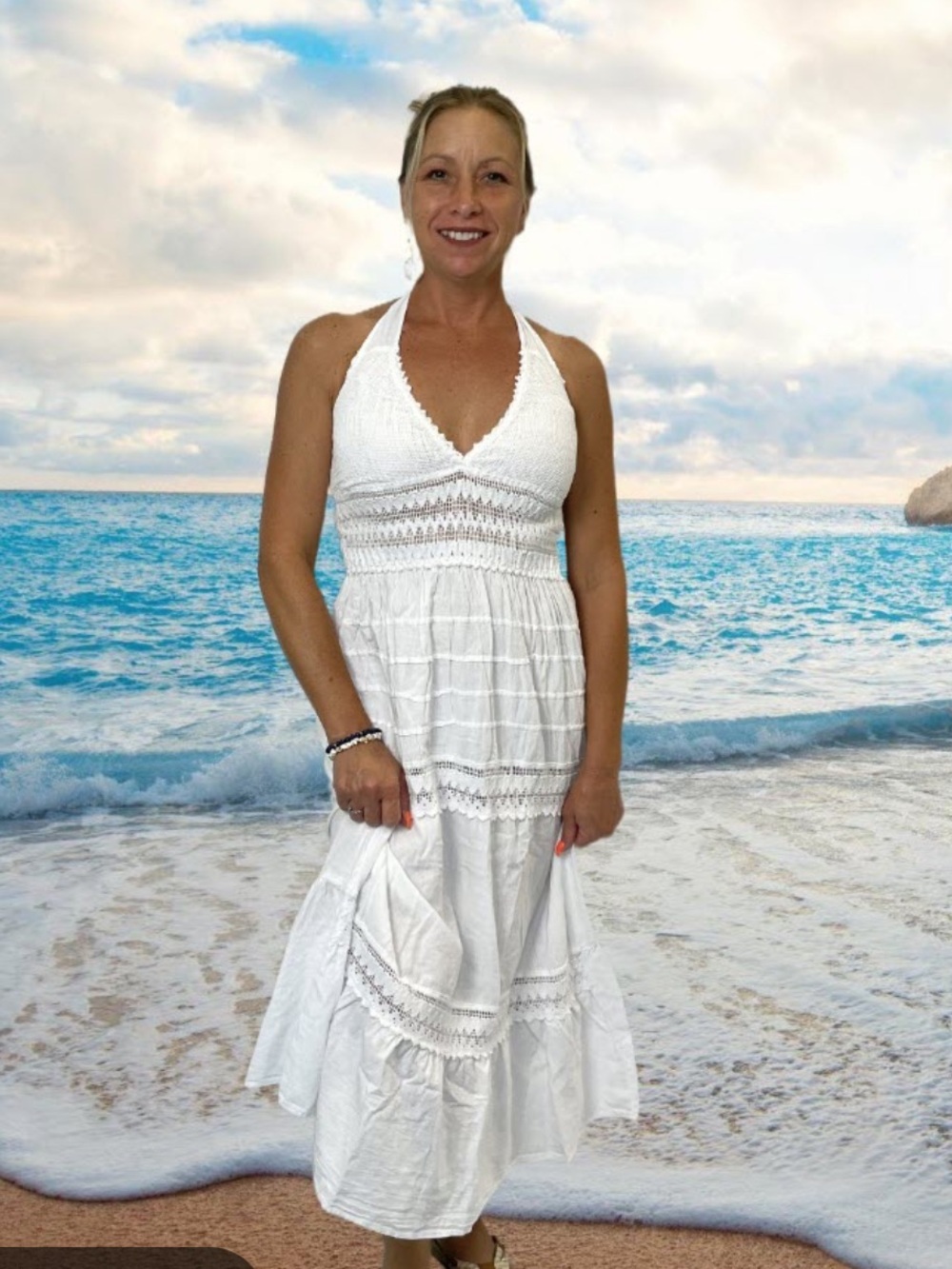 Seaspice Resort wear 100% Peruvian Cotton Halter Maxi Dress - White